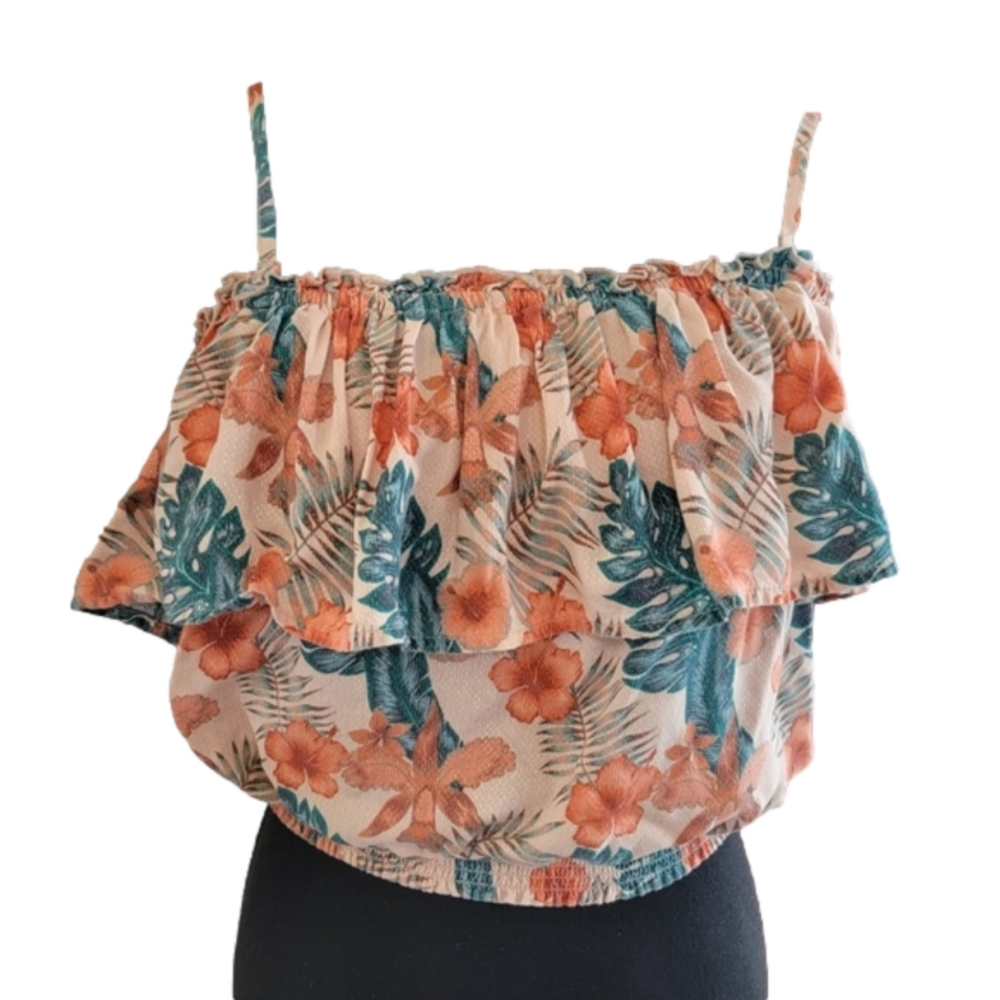 Roxy Olivia Tropical Print Ruffle Crop Top Removable Straps Size L/12